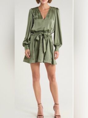 Ramy Brook Olive Satin V-Neck Tie-Waist Mini Dress
